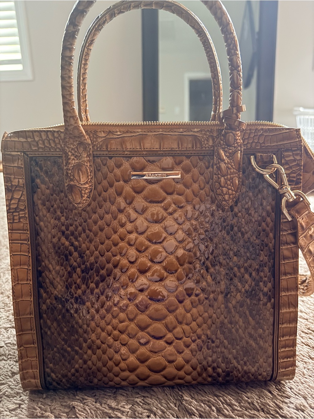 Brahmin Cognac Brown Embossed Python Satchel